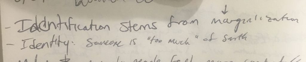 Blurb from the Red Notebook: Notes taken during Professor Quillen's unit
"Identification stems from marginalization. Identity: someone is "too much of something"